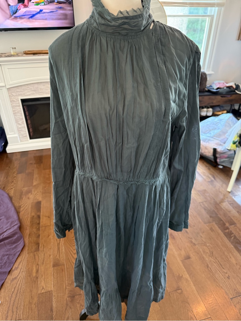 Malene Birger High-Neck Long Sleeve Slightly Sheer Dress in Slate Green Size 40